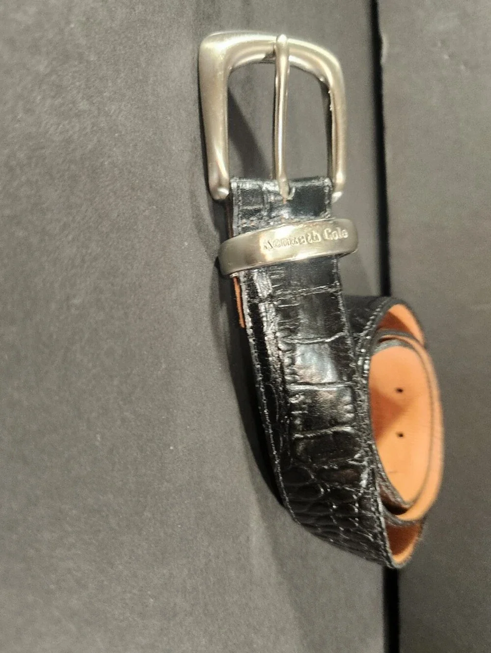Kenneth Cole Black Croc-Embossed Leather Belt with Silver Buckle